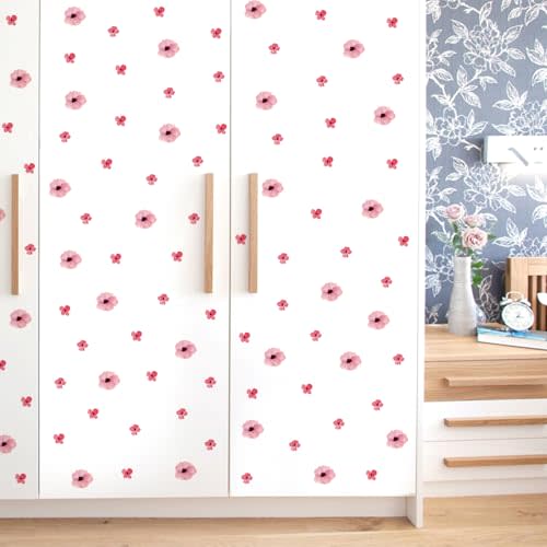 208Pcs Boho Flower Wall Stickers, Peel and Stick Pink Floral Wall Decals, Removable Neutral Watercolor Wildflower Blossom Window Clings for Girls Bedroom Living Room Offices Home Decoration