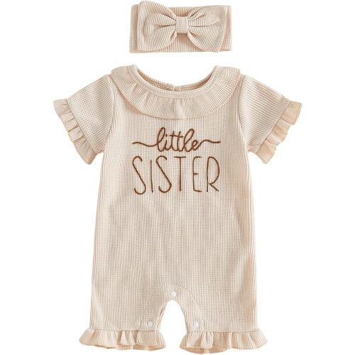 Newborn Baby Girl Summer Outfit Romper Hi I'm New Here Embroidery Ruffle Jumpsuit Infant Waffle Knit Clothes