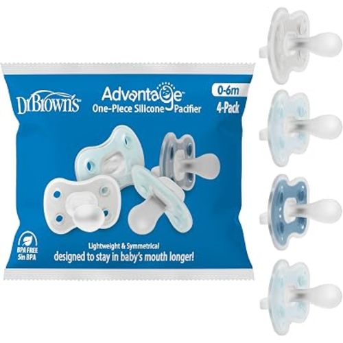 Dr. Brown's Advantage One-Piece Pacifier 0-6m, Blue/Gray/Light-Blue, 4-Pack