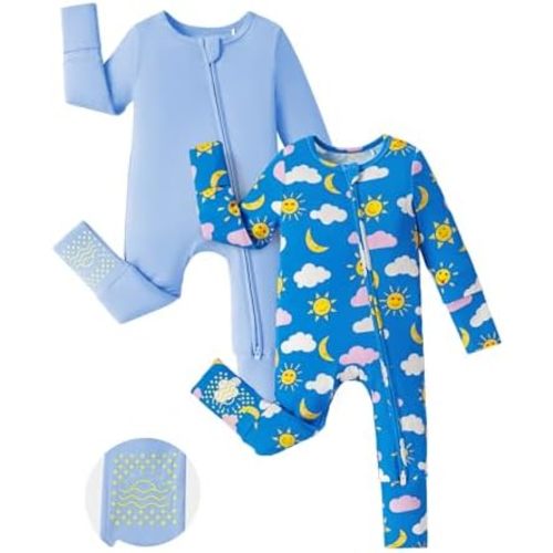 PATPAT Baby Footie Romper, Viscose from Bamboo, Long Sleeve, 2-Way Zipper, Fold-Over Mittens, Cuffs & Anti-Slip Grips