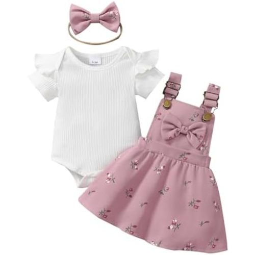 Newborn Baby Girl Summer Overall Dress Infantl Short Sleeves Ribbed Romper Bow Skirt Set 3Pcs Outfits