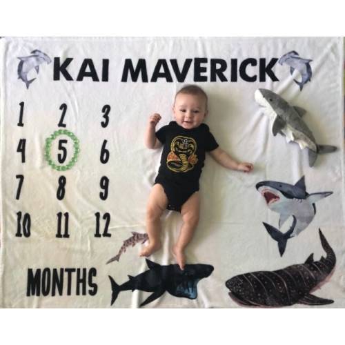 Shark Milestone Blanket / Personalized baby blanket/ ocean nursery/ Custom Baby Shower Gift / monthly photo blanket/ monthly milestones boy