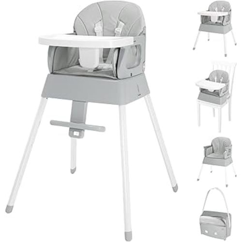 5 in 1 Foldable Baby High Chair,Convertible Highchair for Babies and Toddlers-Portable Infant Booster Seat,Carry Small Box,Dining Chair,Toddler High Chair with 5-Point Harness,Removable Tray-Grey
