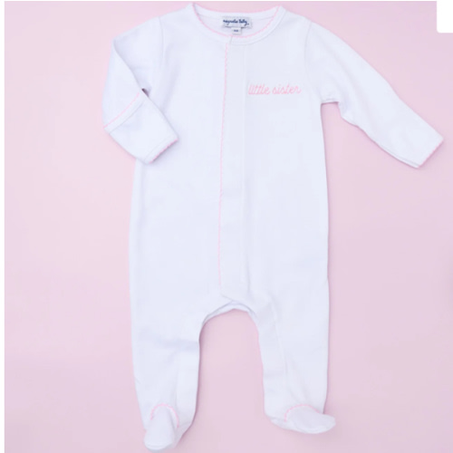 Magnolia Baby Girl Little Sister Embroidered Footie
