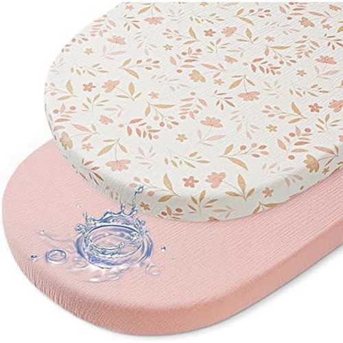 Baby Bassinet Sheets TPU Waterproof 2 Pack Soft Muslin Bedside Bassinet Mattress Sheets with Bottom Elastic Band for Baby Boy Girls Unisex Fit Hourglass Oval and Rectangle, Pink Flowers
