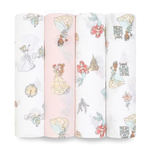 aden + anais Essentials Muslin Swaddle Blankets, Newborn Receiving Blanket for Swaddling, 100% Cotton Baby Swaddle Wrap, 4 Pack, Disney Princess