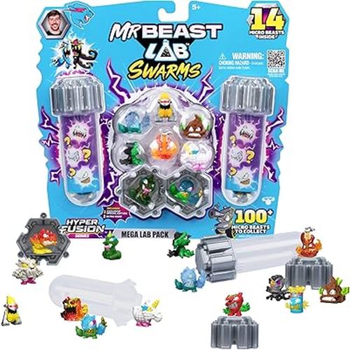 MRBEAST LAB Swarms Series 3, Hyper Fusion Series, 14 Pack Collectible Micro Beasts, 14 Collectible Stickers & 4 Fusion Caps to Build Out Your Own Biting Hot Sauce
