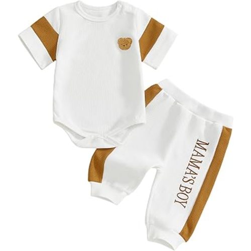 SAYOO Infant Baby Boy Clothes 3 6 12 18 Months Fall Winter Outfit Bear Romper Mama's Boy Embroidery Pants 2Pcs Tracksuit