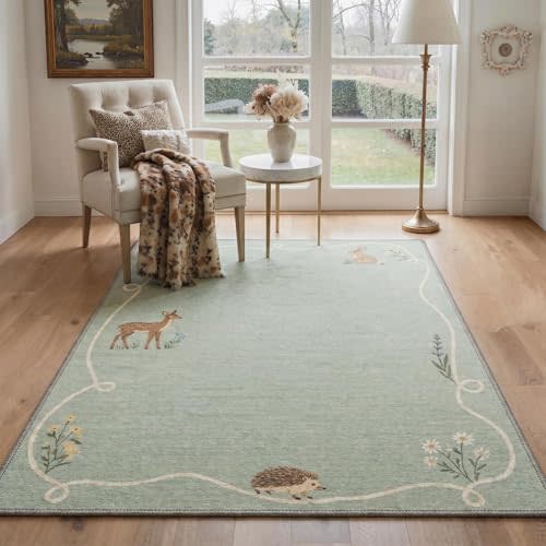 Bavni 8X10 Washable Area Rug for Living Room, Animal Woodland Non Slip | Low Pile Sage Green Biomimetic Rug for Dining Room and Bedroom, Stain Resistant Polyester Rug, Easy Care, Pet-Friendly