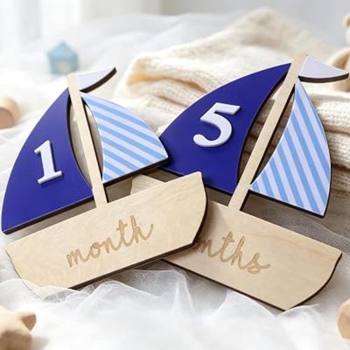 Wooden Sailboat Baby Monthly Milestone Markers Disc, Beach Milestone Sign, Wooden 3D Milestone Cards for Photos, 1-12 Months Interchangeable Monthly Milestone Sign