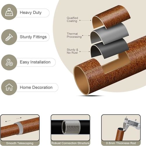 Imitation Wood Curtain Rods for Windows 48 to 84 Inch, 1 Inch Adjustable Heavy Duty Decorative Drapery Rods with Classic Finials, Red Imitation Wood Window Curtain Pole, Size 36-88''