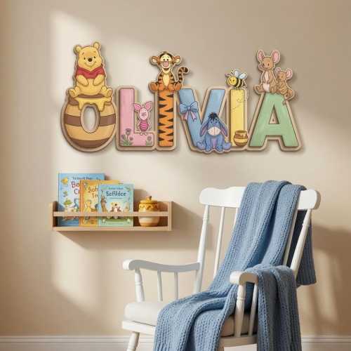Custom Winnie The Pooh Nursery Name Sign, Personalized Baby Name Wood Sign, Pooh Nursery Decor, Baby Room Wall Decor, Baby Shower Gift