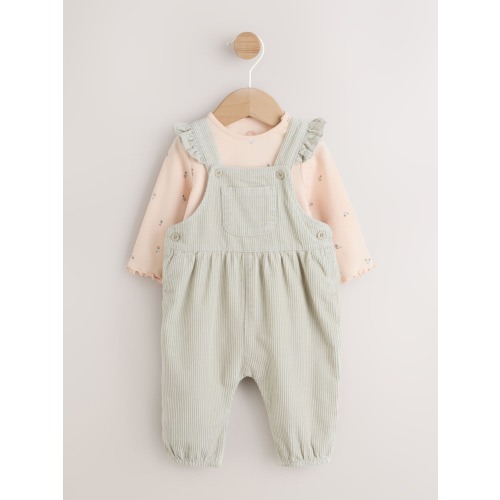 Sage Green Baby Print Long Sleeve Bodysuit and Cord Dungarees Set 2 Piece
