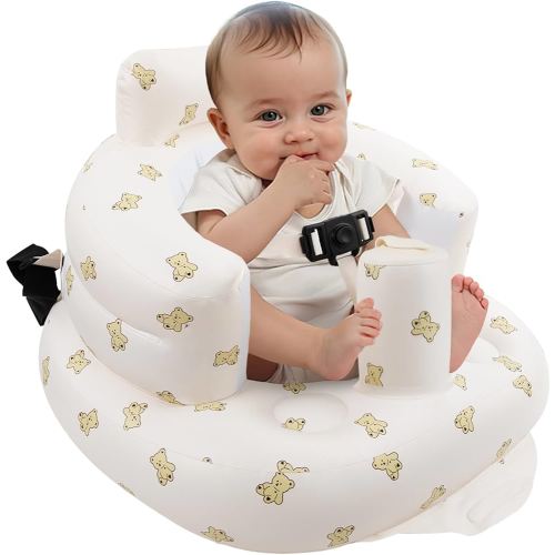 Inflatable Baby Seat with Harness for Babies 3 Months & Up, Baby Floor Chair for Sitting Up, Baby Seats for Infants, Blow Up Baby Chair with Built in Air Pump - Bear