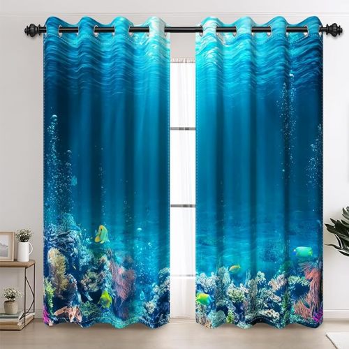 AOFOTO Underwater Ocean Scene Grommet Blackout Curtains for Bedroom and Living Room, Coral Reef with Tropical Fish Deep Blue Water Under Sea Theme Window Drapes Light Reducing 26x63 Inches, 2 Panels