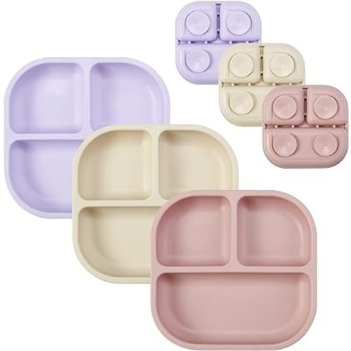 PandaEar 3 Pack Silicone Toddler Plates - Divided Suction Cup Plates for Babies & Kids - Non-Slip, BPA Free, Dishwasher & Microwave Safe