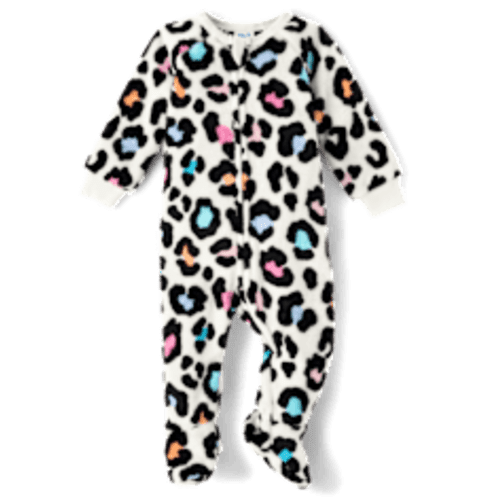 Baby And Toddler Girls Long Raglan Sleeve Rainbow Leopard Fleece Footed One Piece Pajamas - WHITE | The Children's Place