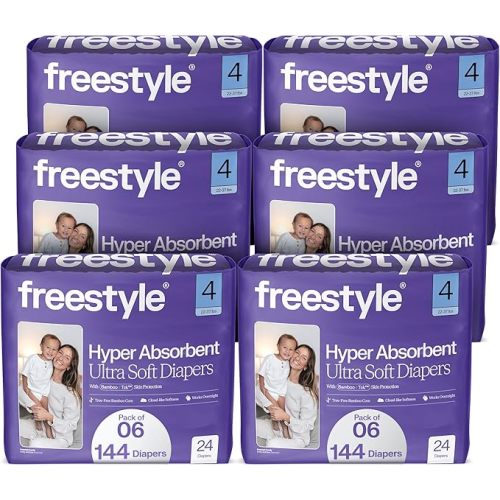 Freestyle BambooTek Diapers – (Size 4) Hyper Absorbent & Non-Toxic – Disposable Diapers for Sensitive Skin – Ultra Soft Diapers (22-37 lbs) – 144 Count