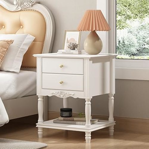 Homsee Vintage Wooden Nightstand with 2 Drawers and Bottom Shelf, Elegant Bedside Table End Side Table for Bedroom, Living Room, White (19.7”W x 16.9”D x 25.2”H)