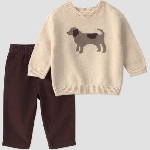 Little Planet By Carter's Baby 2pc Dog Sweater and corduroy pants Set - Cream/Brown Newborn