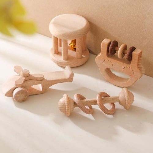 Chriswell Wooden Baby Rattle, Newborn Wooden Rattle Toy, Natural Wooden Montessori Baby Grip 3 Ring Toy, Baby Gift Toy, Wood Rattle-1