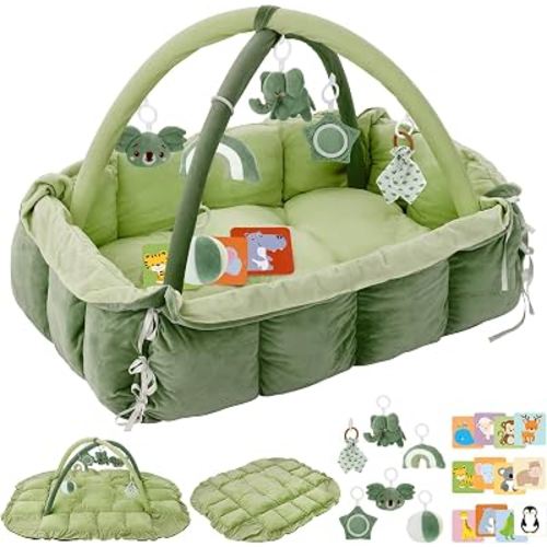 5-in-1 Plush Baby Play Gym, Baby Play Mats, Convertible Baby Gym, Tummy time mat, 6 Sensory Toys, Activity Center, Ball Pit, Classic Green