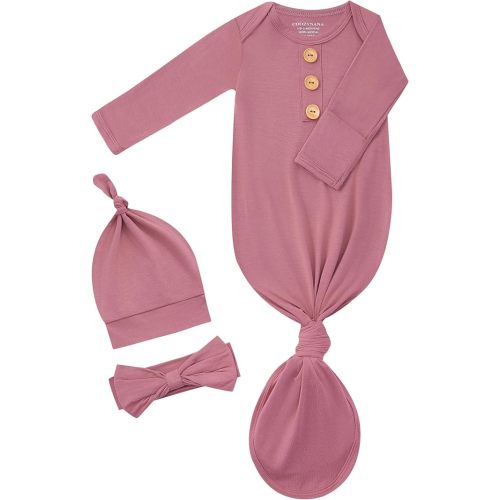 Newborn Knotted Gown Set, Soft Breathable Baby Sleep Gown with Hat & Headband for Boys Girls