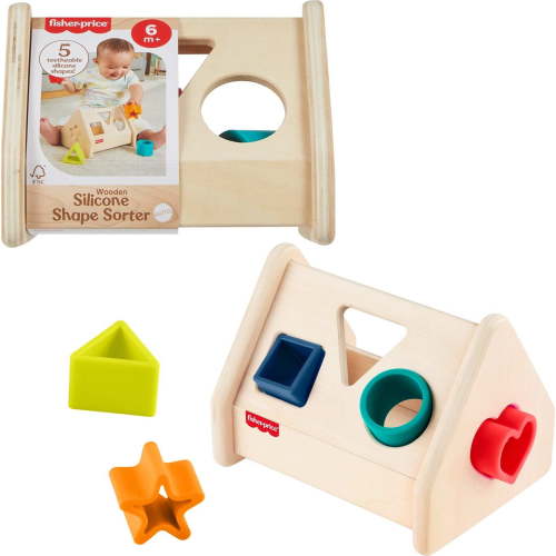 Fisher-Price Wooden Silicone Shape Sorter, Developmental Activity Toy with Wood Base for 6 Months +