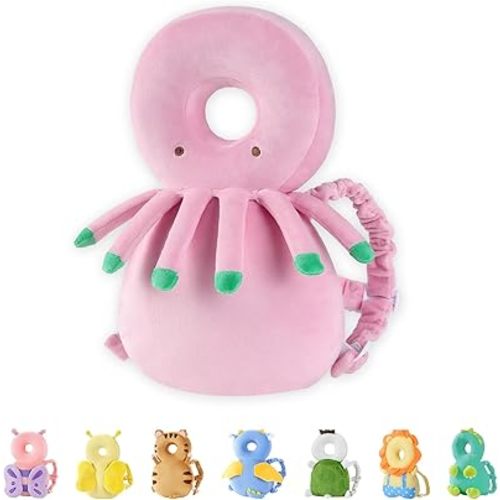 JunNeng Baby Head Protector Backpack, Toddler Fall Head Protection Cushion, Pink Octopus