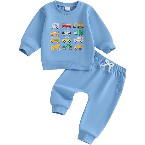 Fernvia Baby Boy Fall Winter Clothes Toddler Kids Solid Outfits Vehicle Long Sleeve Sweatshirt Tops + Joggers Pants Set