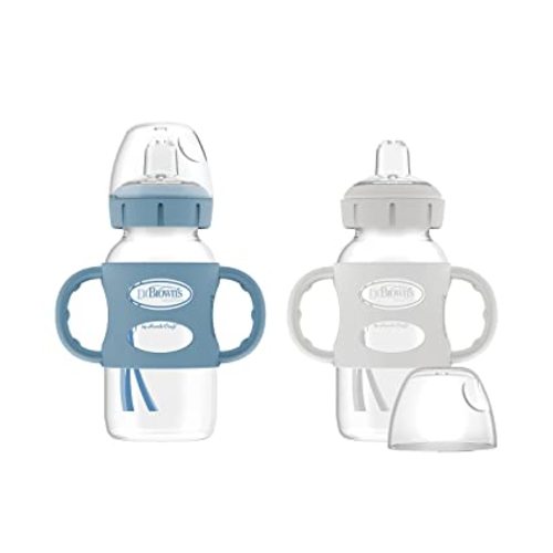 Dr. Brown's Milestones Wide-Neck Sippy Spout Bottle with 100% Silicone Handles, Easy-Grip Handles with Soft Sippy Spout, 9oz/270mL, Light-Blue & Gray, 2-Pack, 6m+