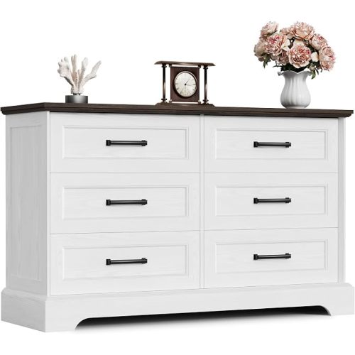Furmax Farmhouse Dresser for Bedroom, 6 Drawers Dresser, Wood Chest of Drawers, 47.2" Wide Storage Dressers Organizer for Bedroom, Living Room, White and Brown