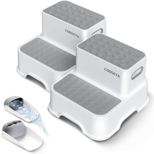 2 Step Stools for Kids,Toddler Step Stool for Bathroom Sink,No-Slip Double up Step Stool for Toddlers Bathroom, Multifunctional Toilet Step Stool for Kids,Toilet Potty Training(2 Packs) - Gray