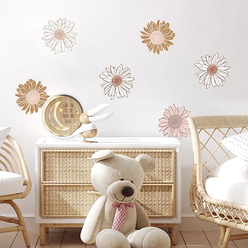 Boho Sunflower Wall Decals - Set of 6 7" Vinyl Flower Room Decor Peel and Stick Removable Floral Stickers for Nursery Bedroom Bathroom
