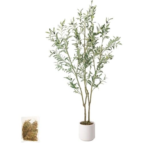 Artificial Fake Olive Tree 5FT Tall 1Pack with White Planter Faux Silk Olive Tree for Home Living Room Office Decor Faux Artificial Plants Indoor with Fruit & Free Moss