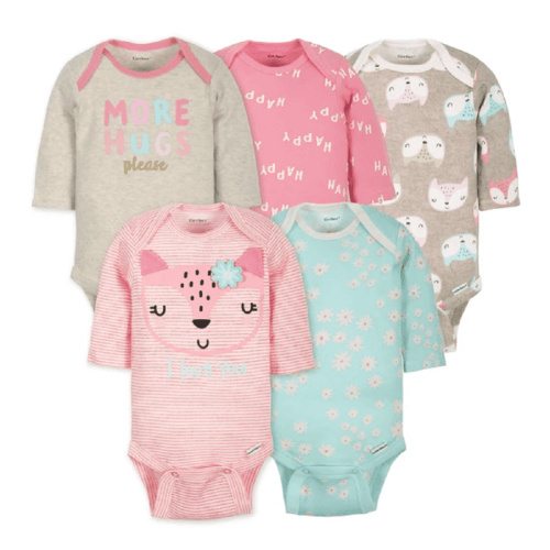 Gerber 5-Pack Baby Girls Fox Long Sleeve Bodysuits, Size: 3-6 Months