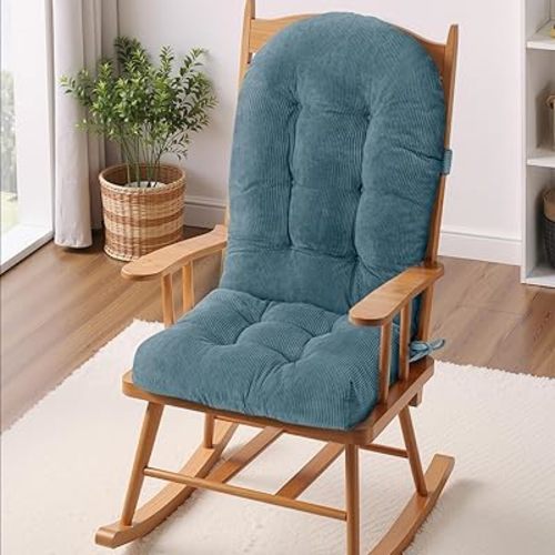 Rocking Chair Cushion - Corduroy Fabric, High-Density Sponge, Durable Comfort Non-Slip Bottom Tufted Seat Pads with Ties, Corduroy︱Blue, 44x19x4 inch