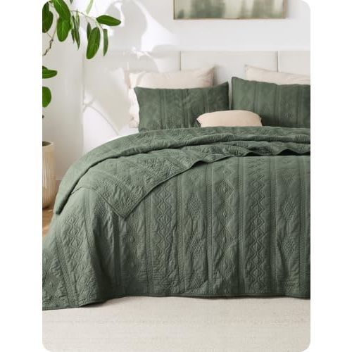 Bedsure PureWoven 100% Cotton Quilt Set, King Bedspread, Olive Green | Lightweight Breathable Coverlet & 2 Pillow Shams, 3-Piece Geometric Bedding Set, All-Season, Machine Washable, 106x96 in