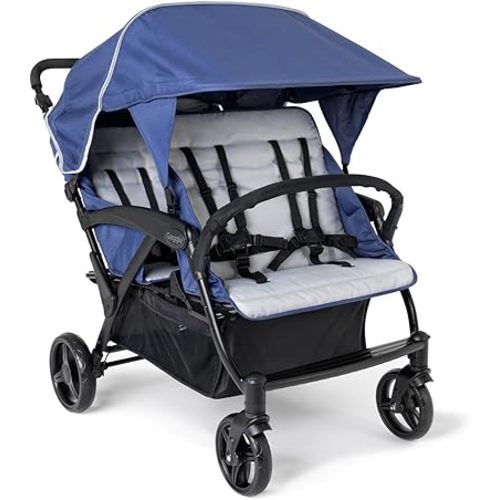 Gaggle by Foundations Odyssey Quad Stroller - 4 Seat Stroller for Daycare & Parks | Bench Seating, UV Canopy, 5-Point Harness, Foot Brake - Blue