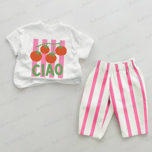 CIAO Baby Tomato Pink Vertical Striped 2-piece Set