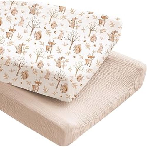Konssy 2 Pack Muslin Changing Pad Covers for Boys, Ultra Soft & Breathable Cotton Baby Diaper Changing Table Covers, Neutral Nursery Diaper Changing Pad Sheets (Fall Forest,Wheat)