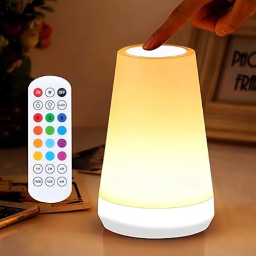 Night Light, Dimmable Touch Lamp and Remote Control, 13 RGB Colors & 5 Brightness, Rechargeable Bedside Table Lamp for Baby Kids Nursery Bedroom Bathroom Camping (White)