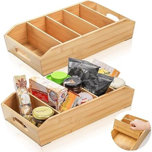 2 Pack Bamboo Pantry Organizers, Storage Bin with Removable Dividers, Divided Snack Oragnizer with Handle, Stackable Cabinet Basket, Drawer Caddy for Kitchen Office Packets Sauce Pouches