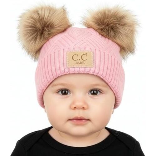 Funky Junque Double Pom Pom Baby Beanie – Newborn Girl Winter Hat 0–12 Months, Cute Cozy Knit Infant Beanies for Cold Weather