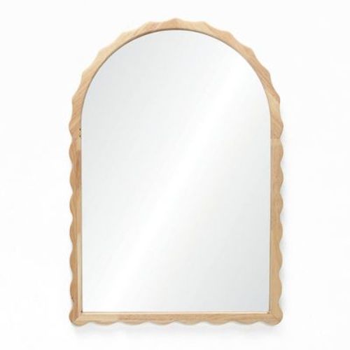 LuxenHome 34-Inch Arched Wall Mirror Natural Rubberwood Scalloped Frame Wall Mounted Decorative Wavy Mirror for Bathroom Bedroom Entryway Brown