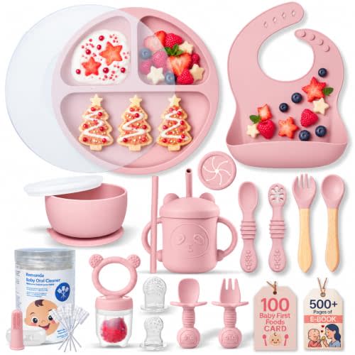 Remonda 23-Piece BPA-Free Silicone Baby Feeding Set | Extra Large Suction Plates, Toddler Bowls, Self Feeding Spoons, and More | Dishwasher Safe| Baby Led Weaning Supplies (Pink)
