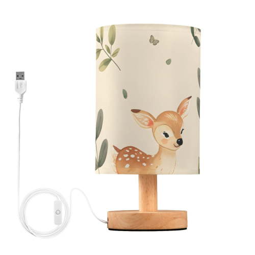 Baby Deer and Leaves Bedside Desk Lamp LED Table Nightstand Lamps Warm Light Fabric Lampshade for Home Bedroom Office Living Room Decor