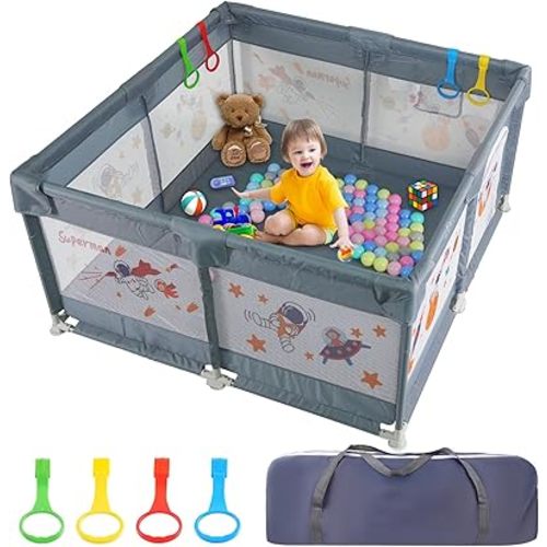Baby Playpen, 50”×50“ Play Yard for Babies and Toddlers, Safety Sturdy Baby Fence with gate, Indoor & Outdoor, with Anti-Slip Base and Breathable mesh Fabric (Gray)