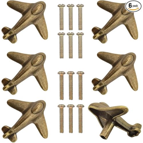 6 Pack Airplanes Knobs Door Handle Cabinet Pull Dresser Single Hole Plane Shape Knobs Handles Drawer Pulls for Furniture (Bronze)