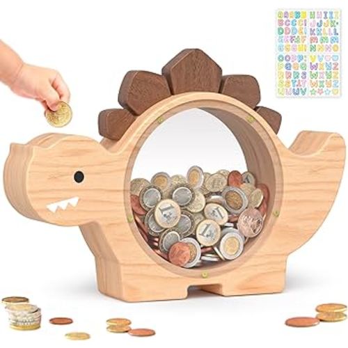 Summidate Wooden Dinosaur Piggy Bank for Kids Boys, Cute Wood Dino Money Bank for Toddlers, Creative Saving Coin Jar, Personalized Present for Child Birthday & Decor (Natrul Wood, Standard)